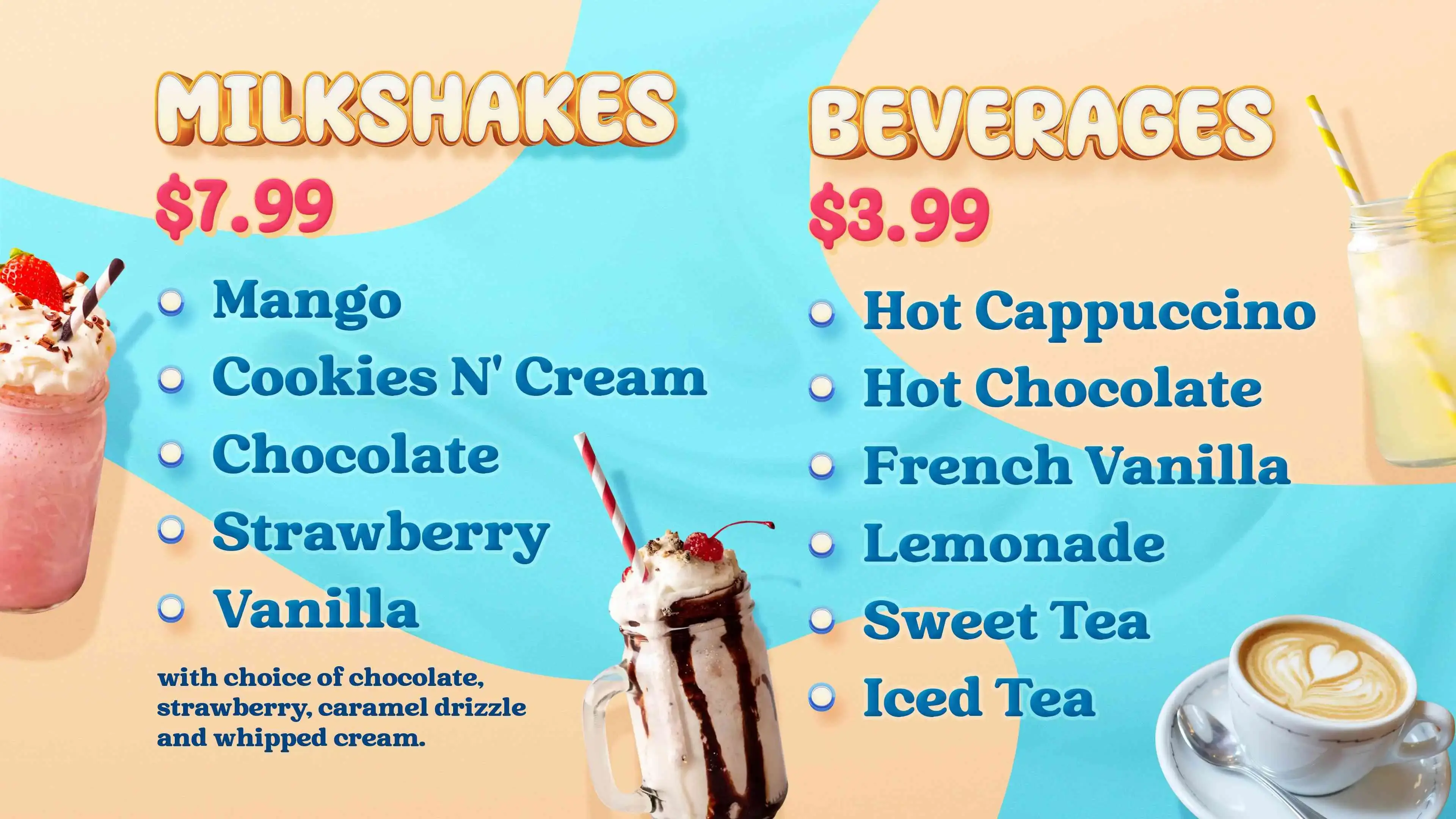 Kremo milkshakes and beverages list